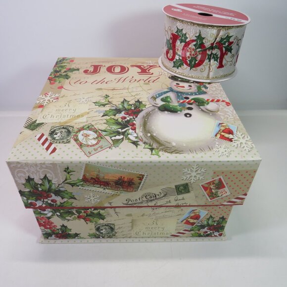 Vintage Winter Holiday look Magnetic Closure Gift Box w matching wire ribbon - Picture 1 of 17